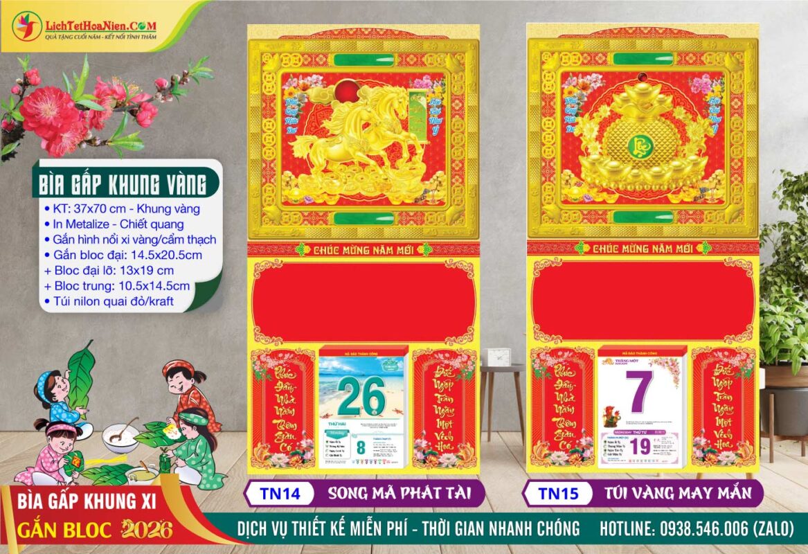 Bìa Gấp Khung Xi - TN14 - Song Mã Phát Tài + TN15 - Túi Vàng May Mắn