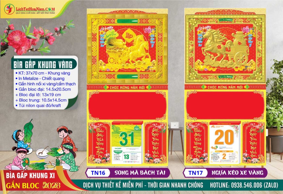 Bìa Gấp Khung Xi - TN16 - Song Mã Bách Tài + TN17 - Ngựa Kéo Xe Vàng