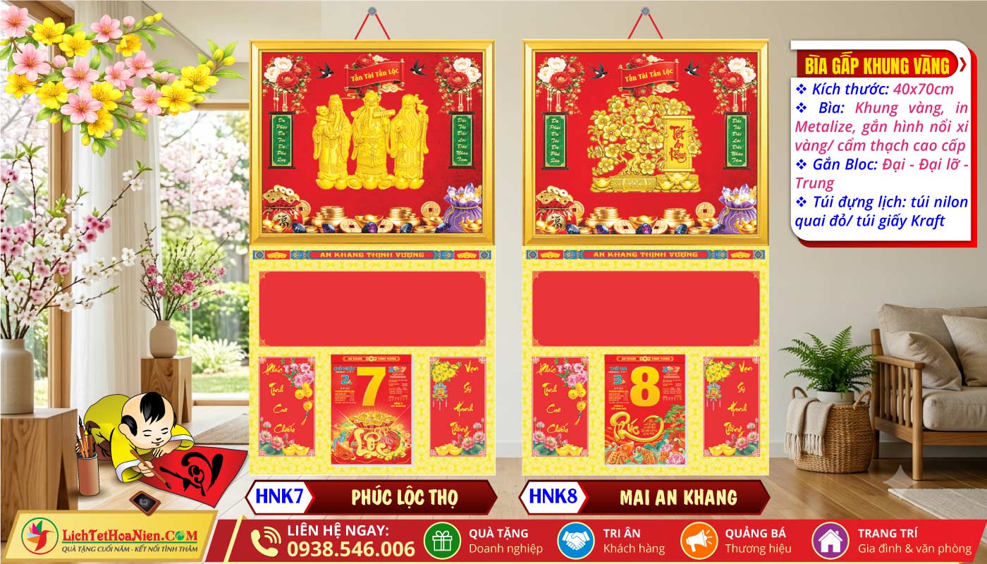 Bìa Khung Vàng (40x70cm) - HNK7 - Phúc Lộc Thọ + HNK8 - Mai An Khang