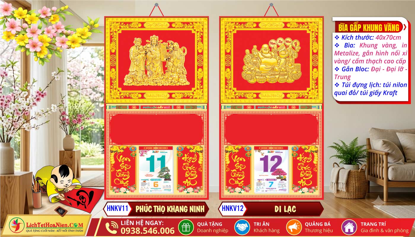 Bìa Khung Vàng (40x70cm) - HNKV11 - Phúc Thọ Khang Ninh + HNKV12 - Di Lạc