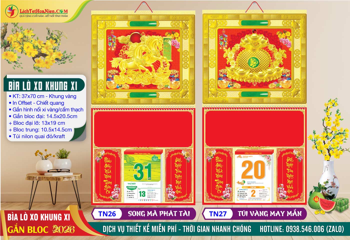 Bìa Lò Xo Khung Vàng - TN26 - Song Mã Phát Tài + TN27 - Túi Vàng May Mắn