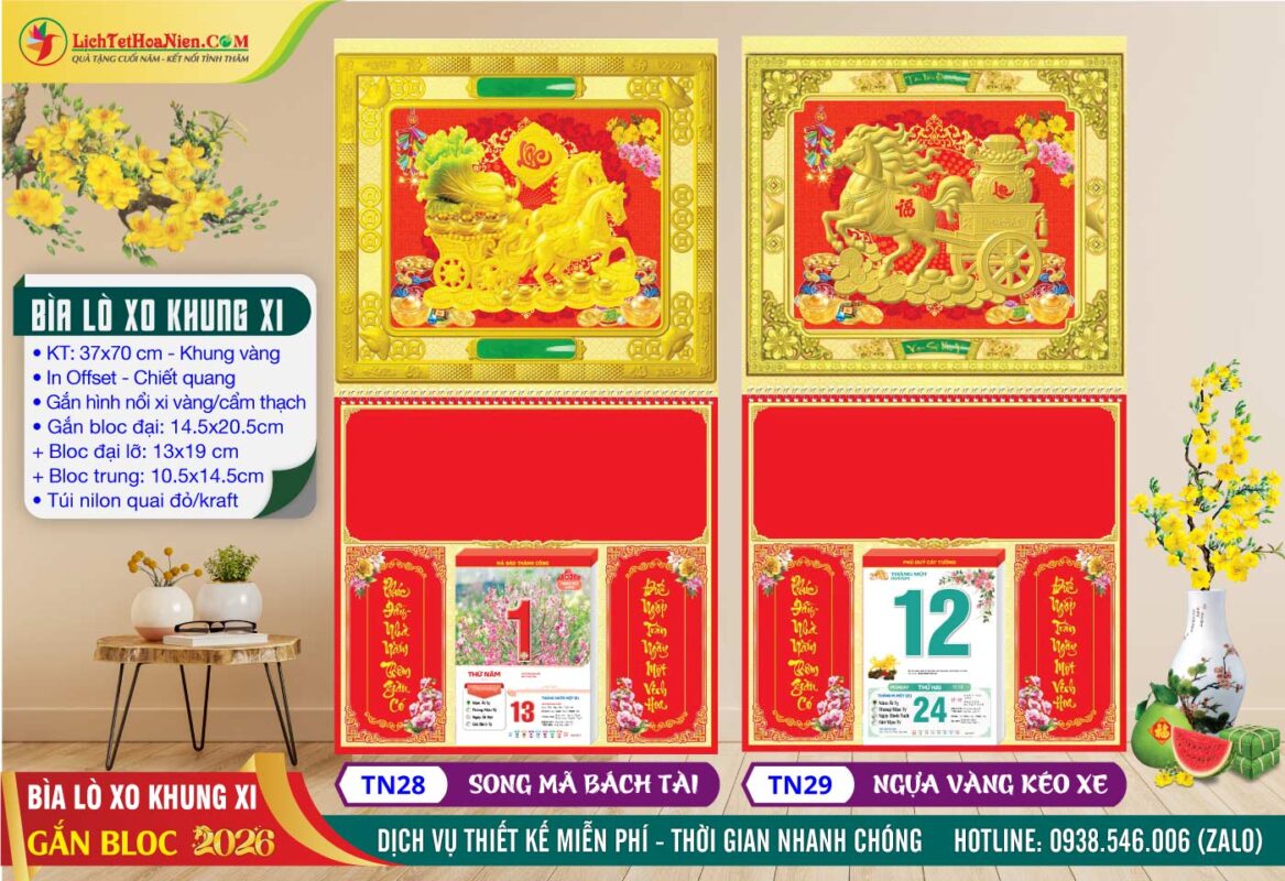Bìa Lò Xo Khung Vàng - TN28 - Song Mã Bách Tài + TN29 - Ngựa Vàng Kéo Xe