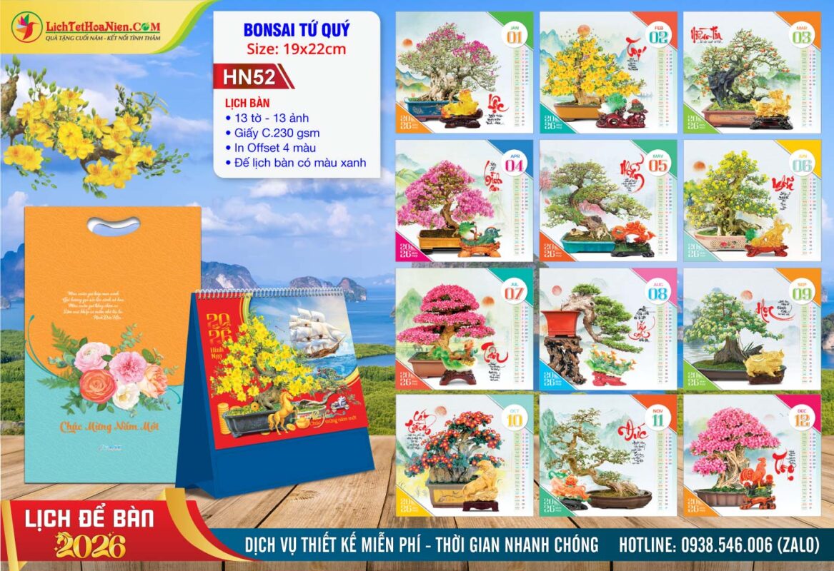 Lịch Để Bàn A (19x22cm) - HN52 - Bonsai Tứ Quý