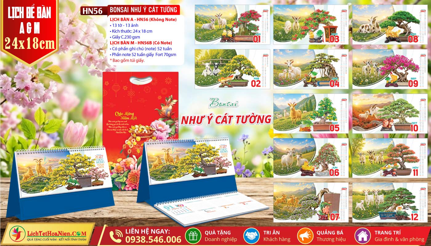 Lịch Để Bàn A & M (24x18cm) - HN56 - Bonsai Như Ý Cát Tường