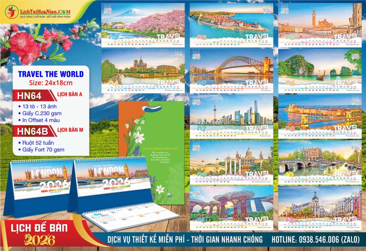 Lịch Để Bàn A & M (24x18cm) - HN64 - Travel The World
