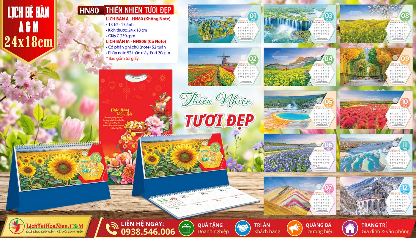 Lịch Để Bàn A & M (24x18cm) - HN80 - Thiên Nhiên Tươi Đẹp