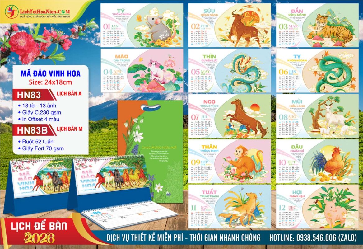 Lịch Để Bàn A & M (24x18cm) - HN83 - Mã Đáo Vinh Hoa