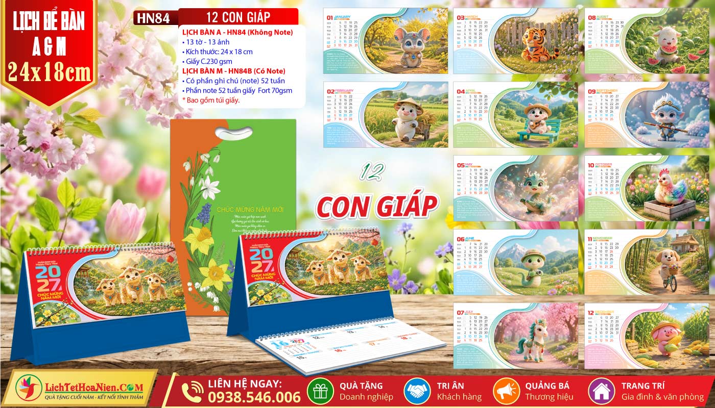 Lịch Để Bàn A & M (24x18cm) - HN84 - 12 Con Giáp