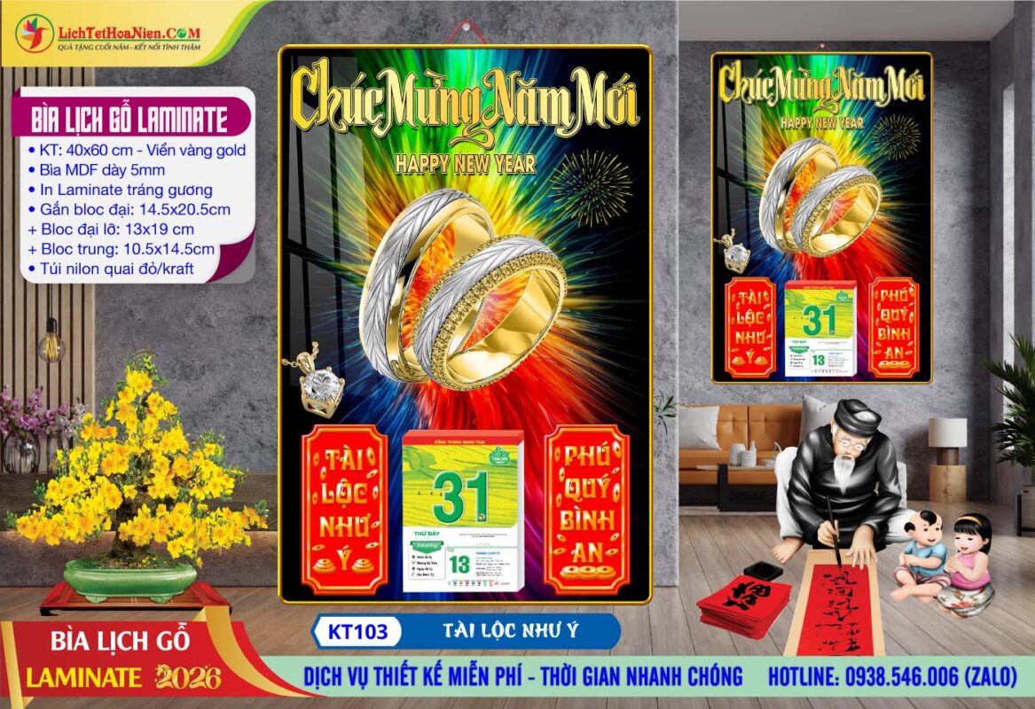 Bìa Lịch Gỗ Laminate - KT103 - Tài Lộc Như Ý