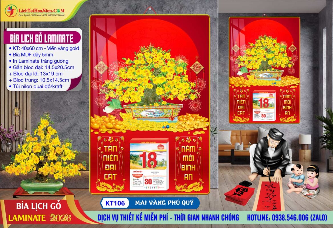 Bìa Lịch Gỗ Laminate - KT106 - Mai Vàng Phú Quý
