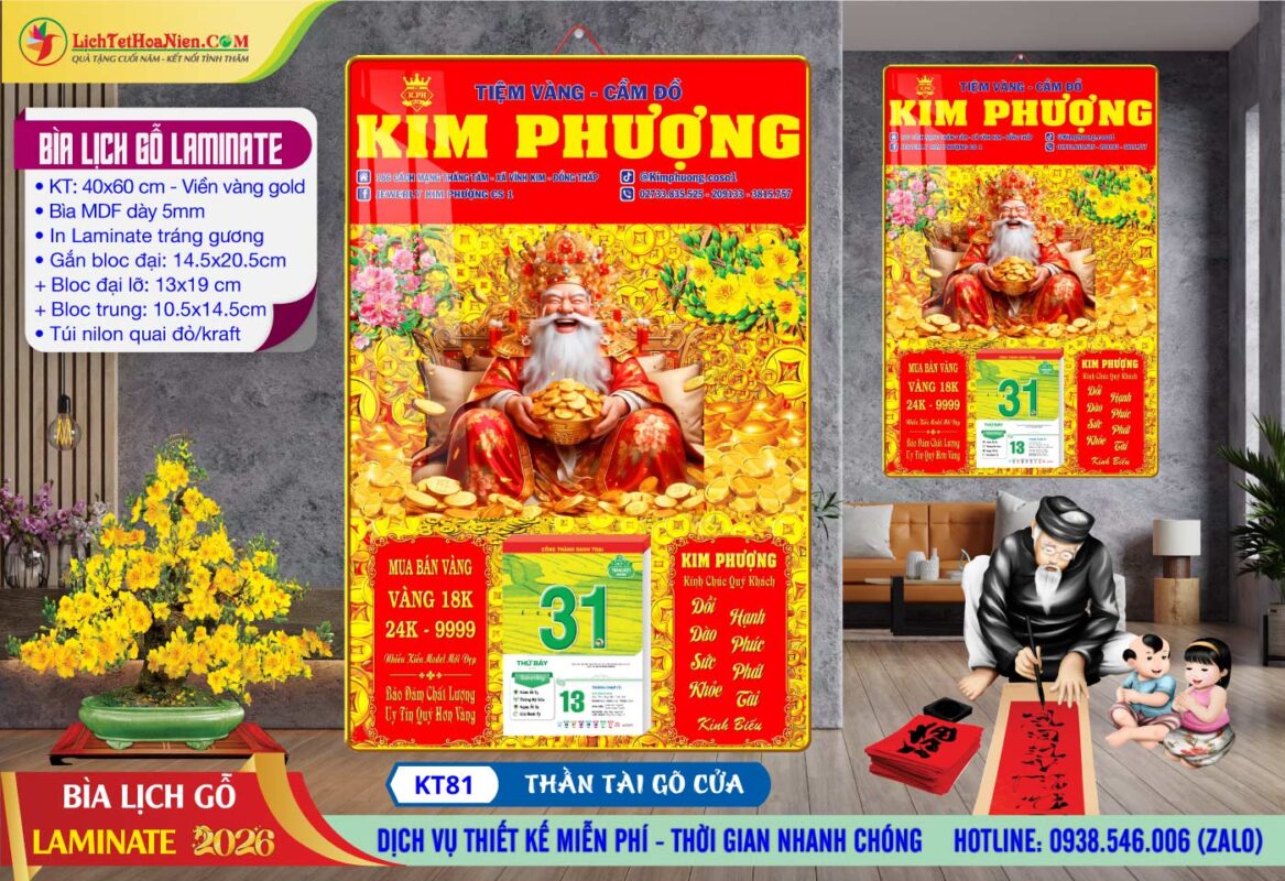 Bìa Lịch Gỗ Laminate - KT81 - Thần Tài Gõ Cửa