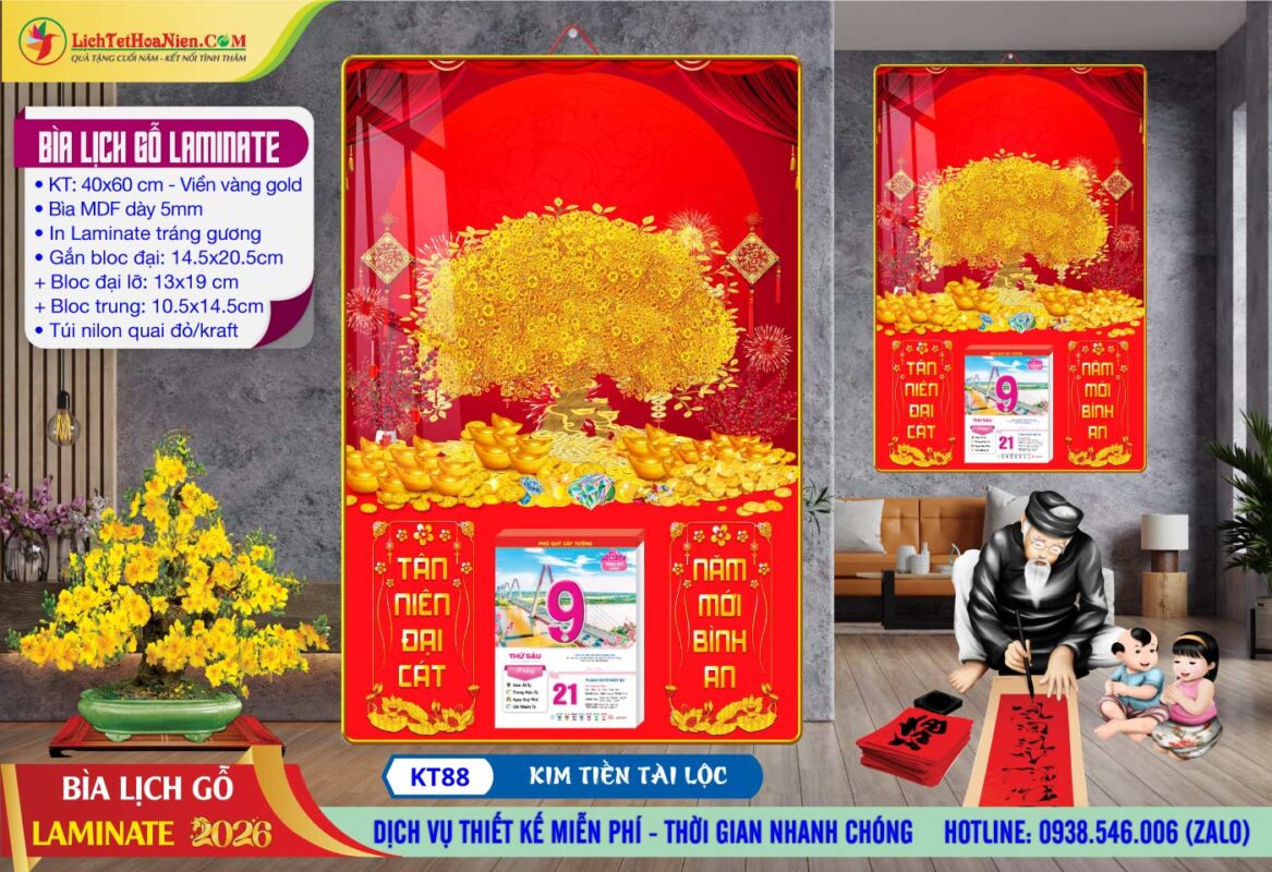 Bìa Lịch Gỗ Laminate - KT88 - Kim Tiền Tài Lộc