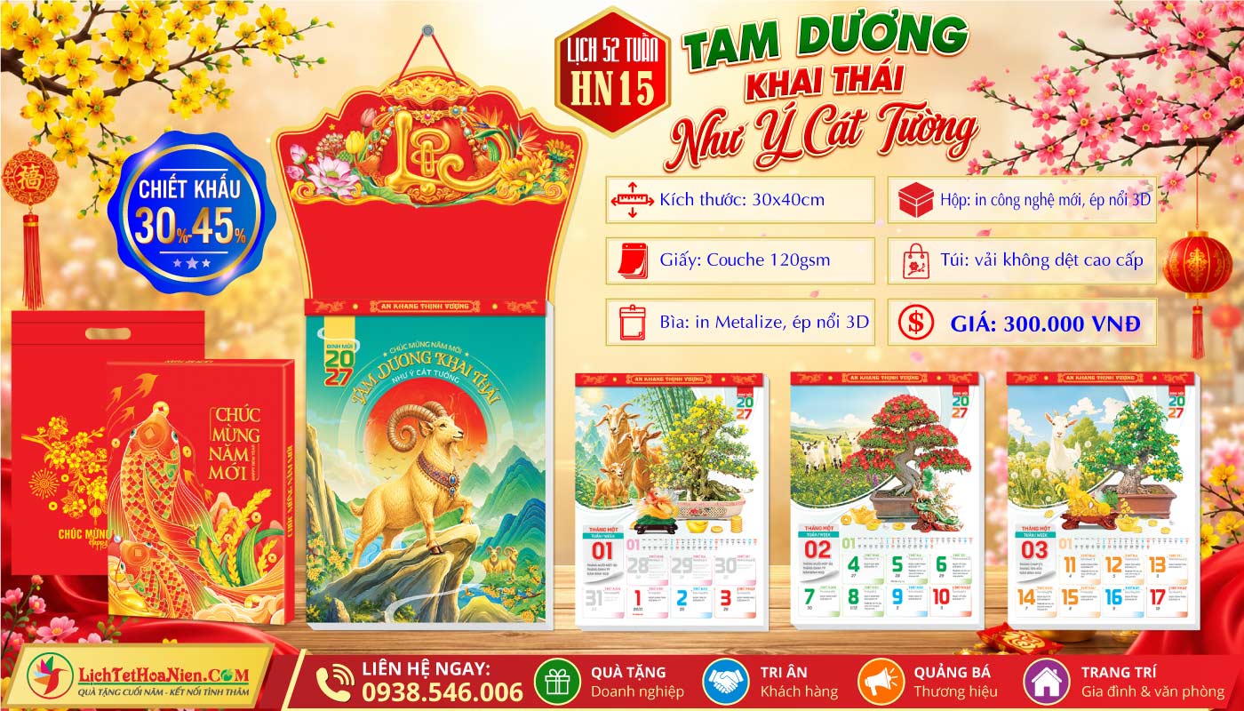Lịch 52 Tuần (30x40cm) - HN15 - Tam Dương Khai Thái - Như Ý Cát Tường