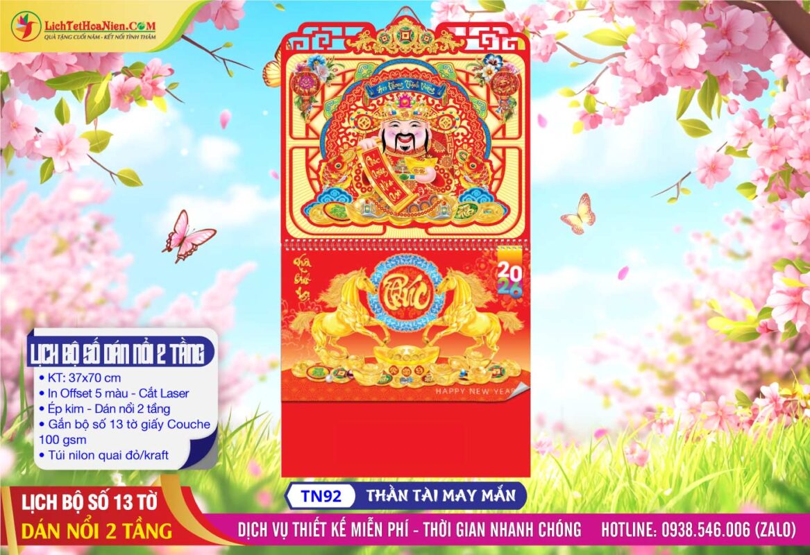 Lịch Lò Xo Bộ Số Dán Nổi 2 Tầng - Mã Số: TN92 - Thần Tài May Mắn