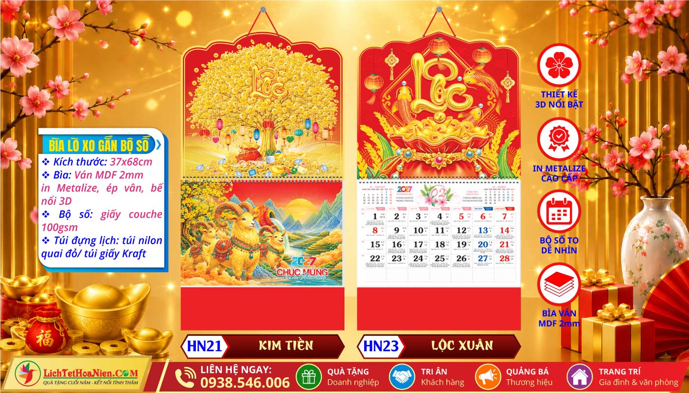 Lịch Lò Xo Giữa Bộ Số Bế Nổi - HN21 - Kim Tiền + HN23 - Lộc Xuân