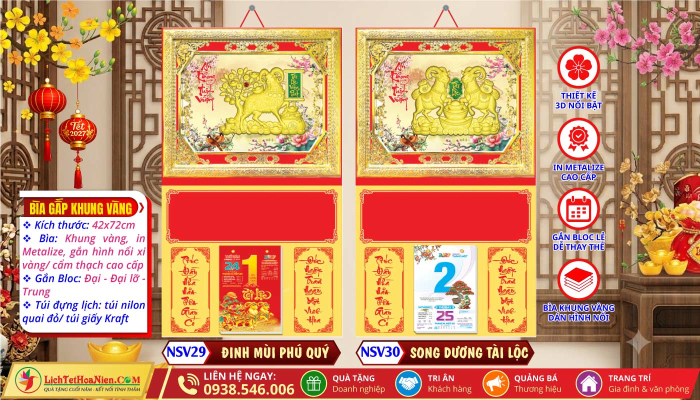 Bìa Khung Vàng (42x72cm) - NSV29 - Đinh Mùi Phú Quý + NSV30 - Song Dương Tài Lộc