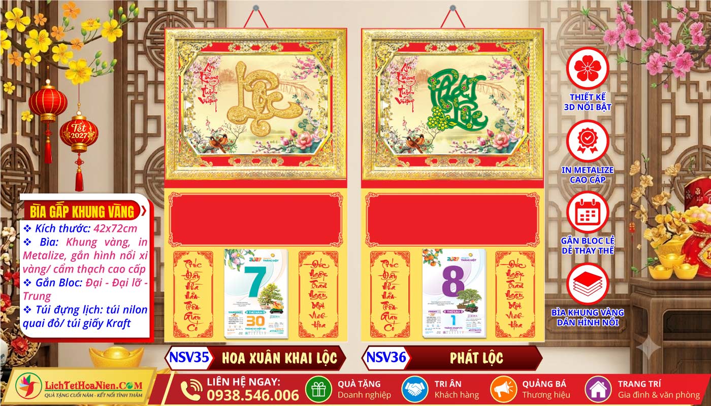Bìa Khung Vàng (42x72cm) - NSV35 - Hoa Xuân Khai Lộc + NSV36 - Phát Lộc