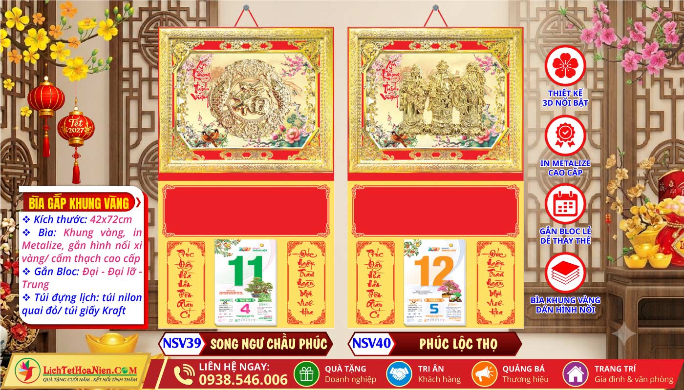 Bìa Khung Vàng (42x72cm) - NSV39 - Song Ngư Chầu Phúc + NSV40 - Phúc Lộc Thọ